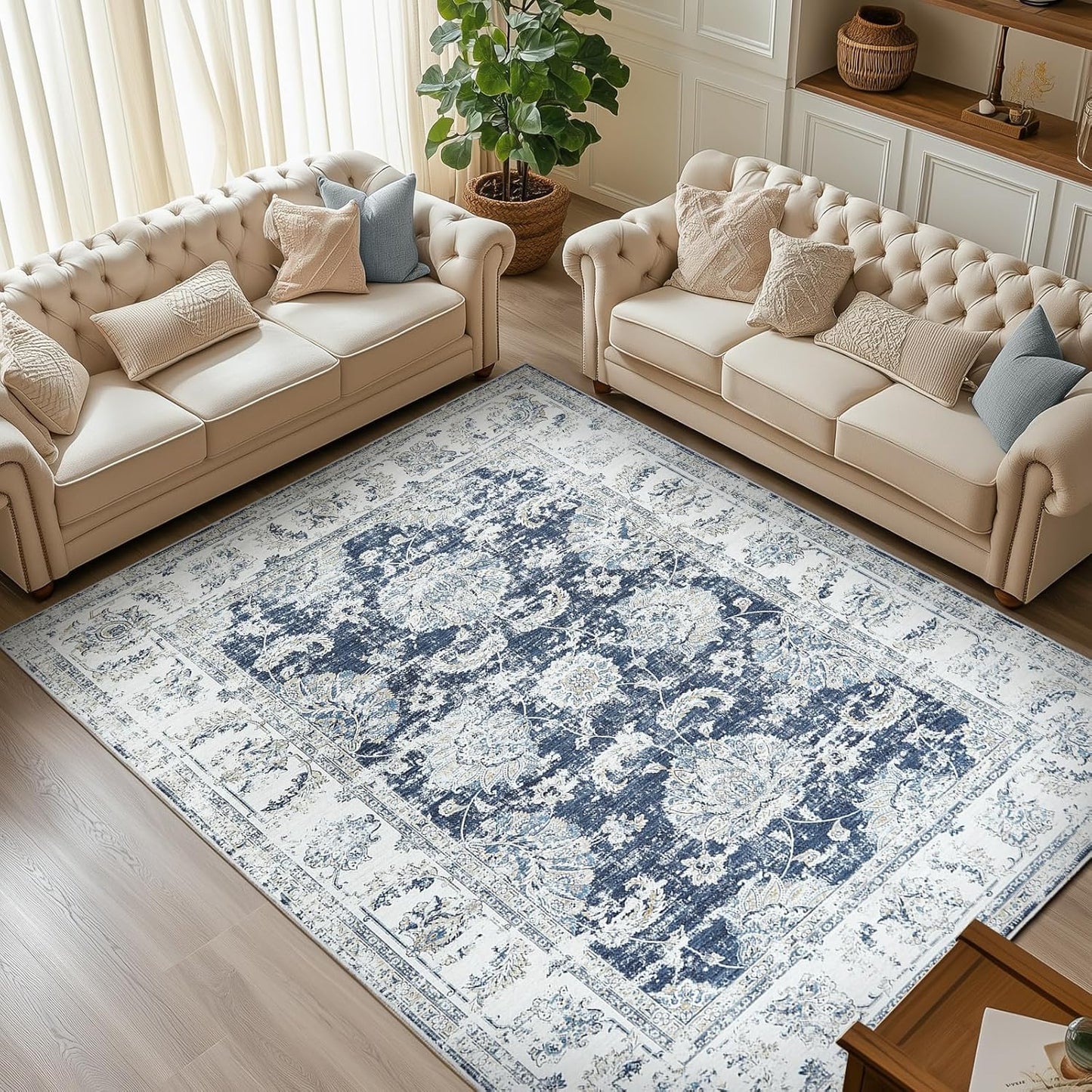 jinchan 10x12 Area Rugs for Living Room - Machine Washable Vintage Floral Distressed Design Stain Resistant Carpet Low Pile Non-Slip Large Rug for Bedroom Dining Room Home Office (10‘x12',Dark Blue)