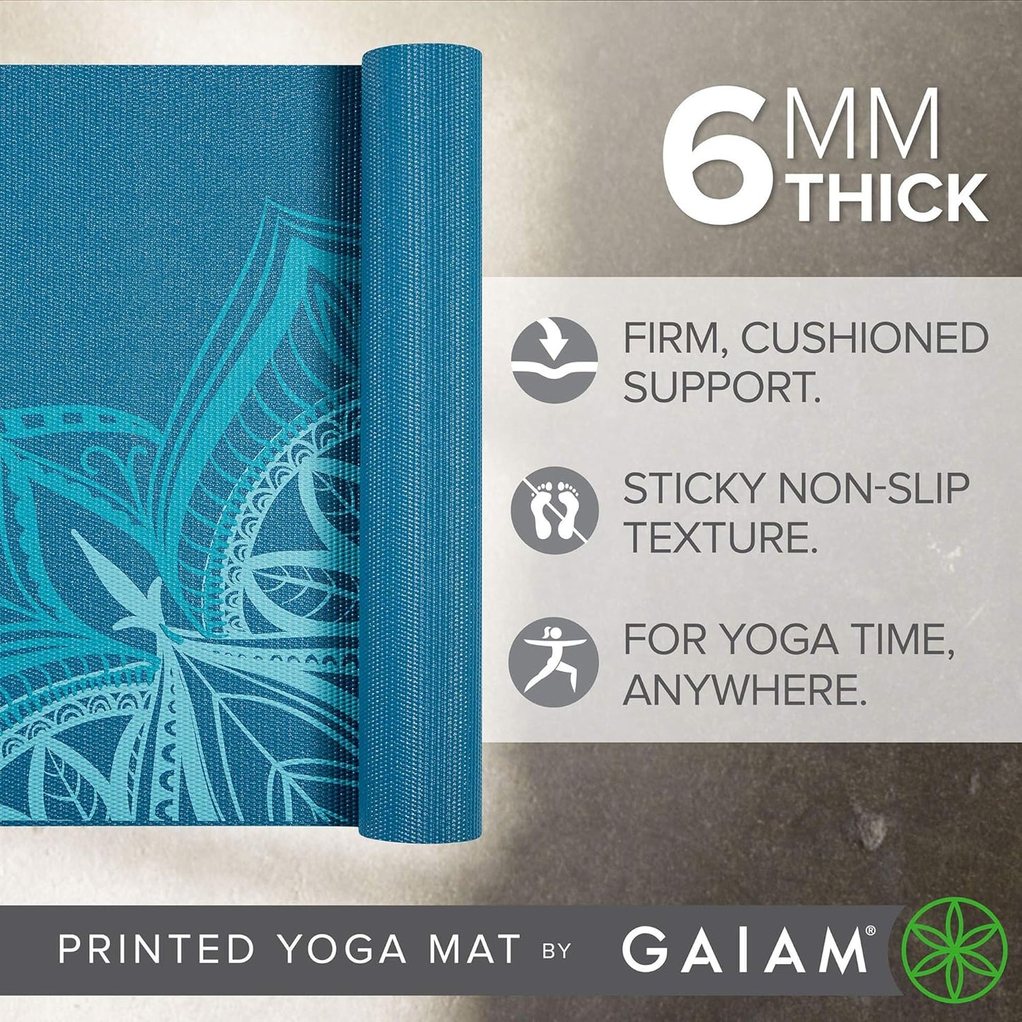 Gaiam Yoga Mat - Premium 6mm Print Extra Thick Non Slip Exercise & Fitness Mat for All Types of Yoga, Pilates & Floor Workouts (68"L x 24"W x 6mm Thick)