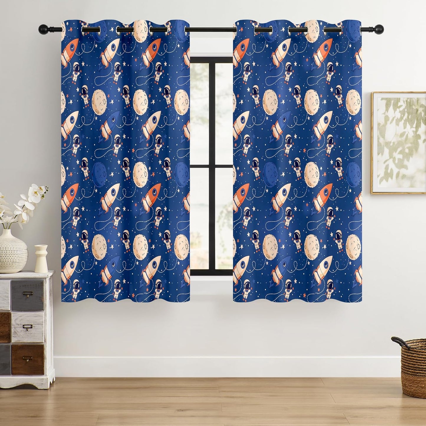 Kids Space Astronaut and Rocket Blackout Curtains - 100% Blackout, Thermal Insulated, Noise Reducing, Perfect for Kids Room and Nursery, 2 Panels (Orbiting Astronauts, W52×L63)