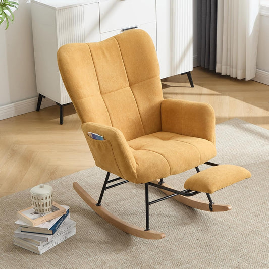 KEEZY Rocking Chair Nursery,Upholstered Glider Chair Padded Seat with High Backrest,Reading Chair,Armchair Comfy Side Chair for Living Room Bedroom Offices (Yellow)
