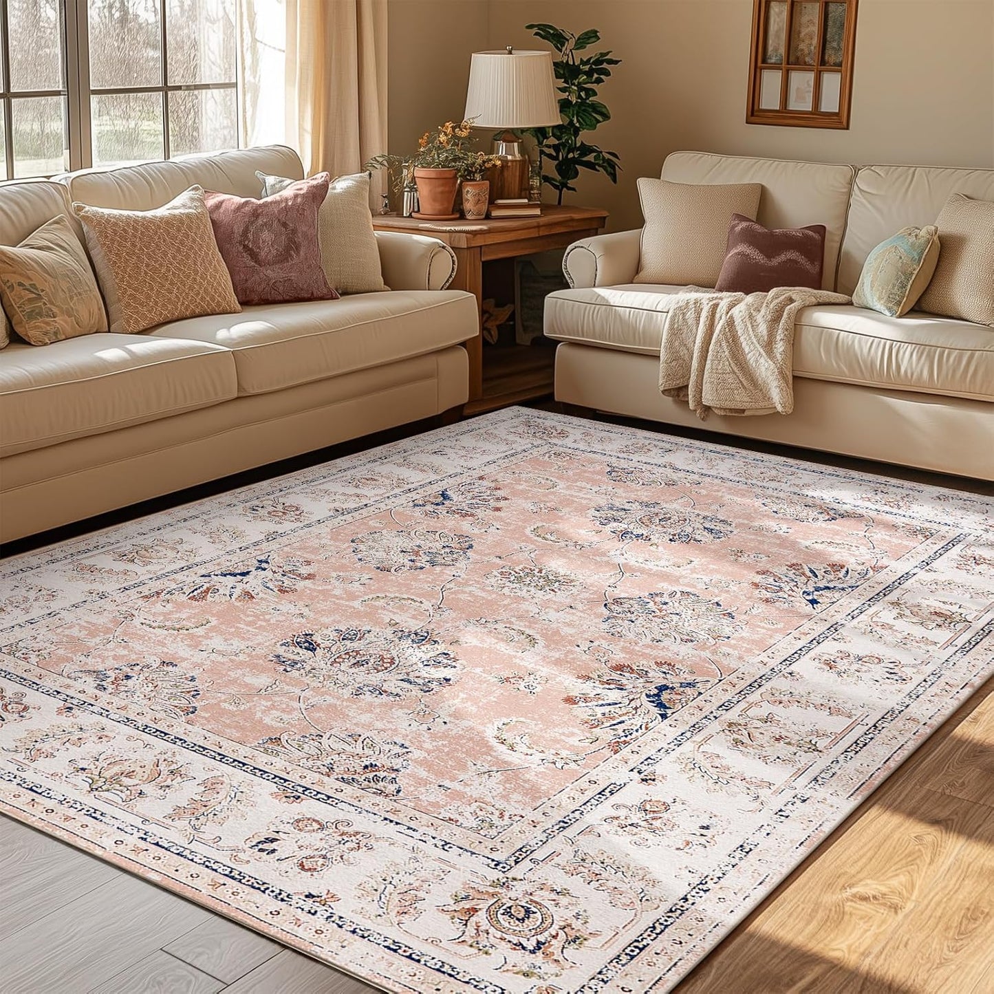 jinchan Vintage Floral 5x7 Area Rugs for Bedroom - Machine Washable Distressed Design Stain Resistant Boho Carpet Ultra-Thin Low Pile Non-Slip for Living Room Dining Room Kitchen (5‘x7',Pink)