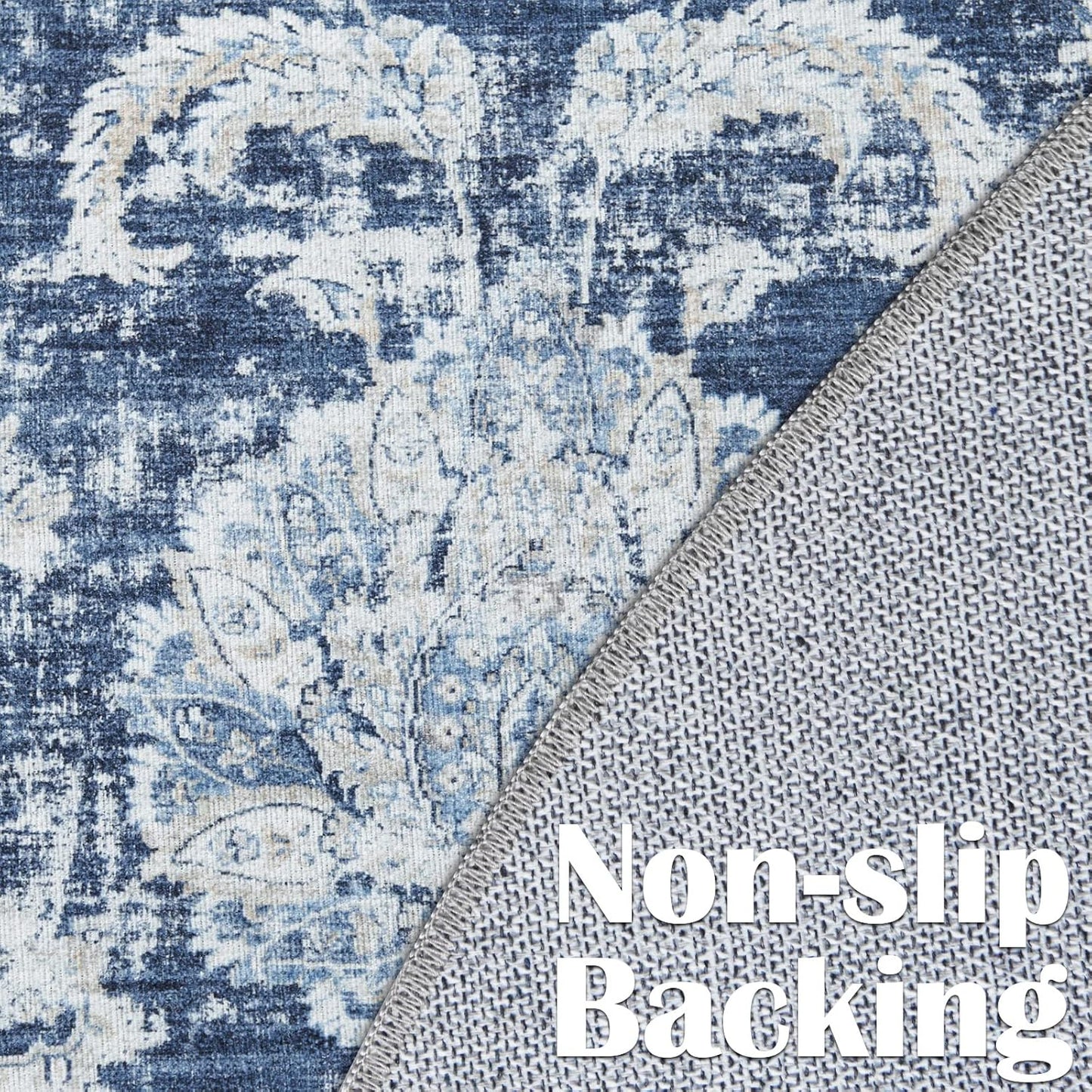 jinchan Round Rug 7ft Area Rugs Vintage Floral Distressed Design Machine Washable Non-Slip Low-Pile Ultra-Thin Circle Rug for Living Room Dining Room Bedroom Home Office Farmhouse (7' Round,Dark Blue)