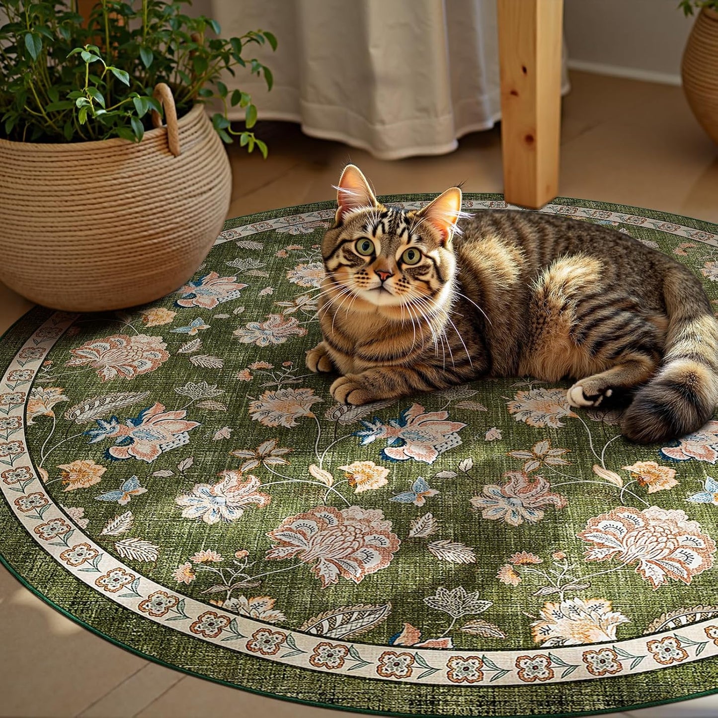 jinchan 6ft Floral Round Rug for Dining Room Washable Living Room Rug Vintage Romance Design Non Slip Indoor Floor Cover Lightweight Low-Profile Throw Carpet for Bedroom Porch Patio, Green