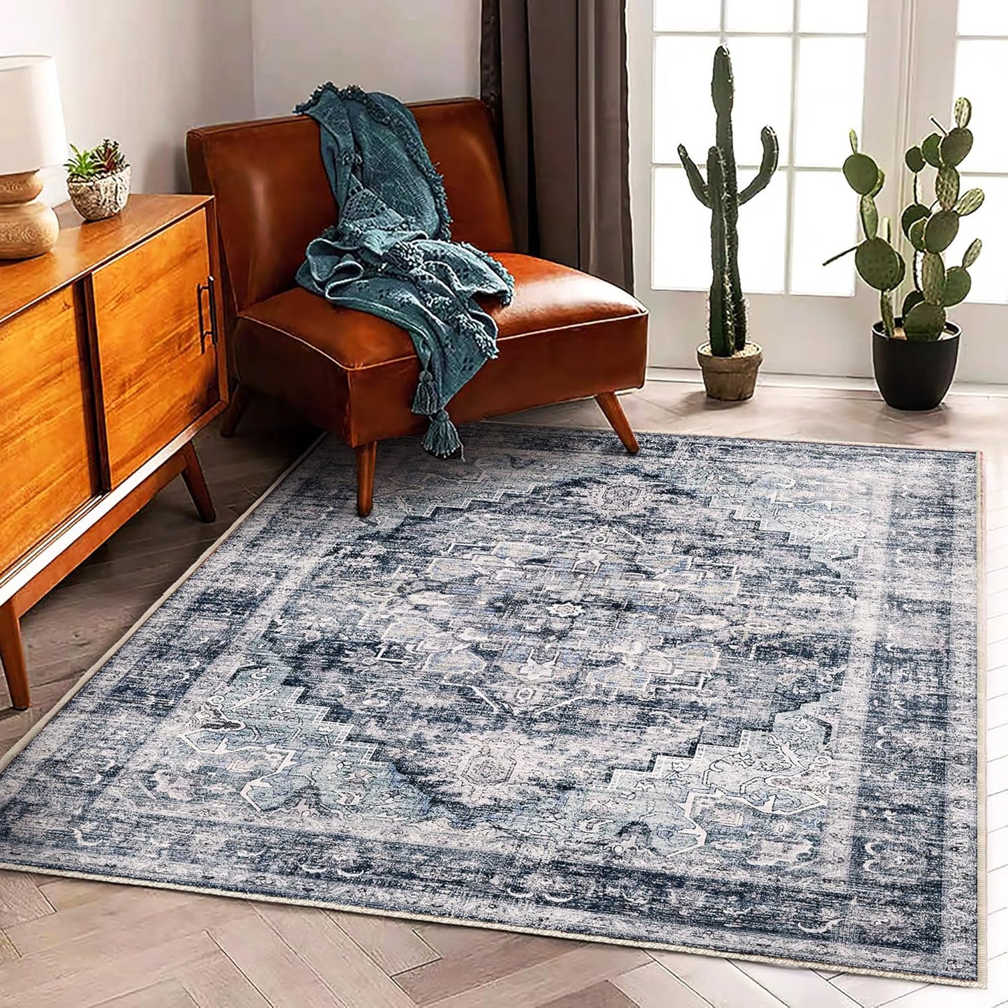 Area Rug 5'x7' Dark Blue Washable Vintage Traditional Floor Cover Thin Retro Kitchen Indoor Distressed Non Slip Carpet for Living Room Bedroom Dining Room