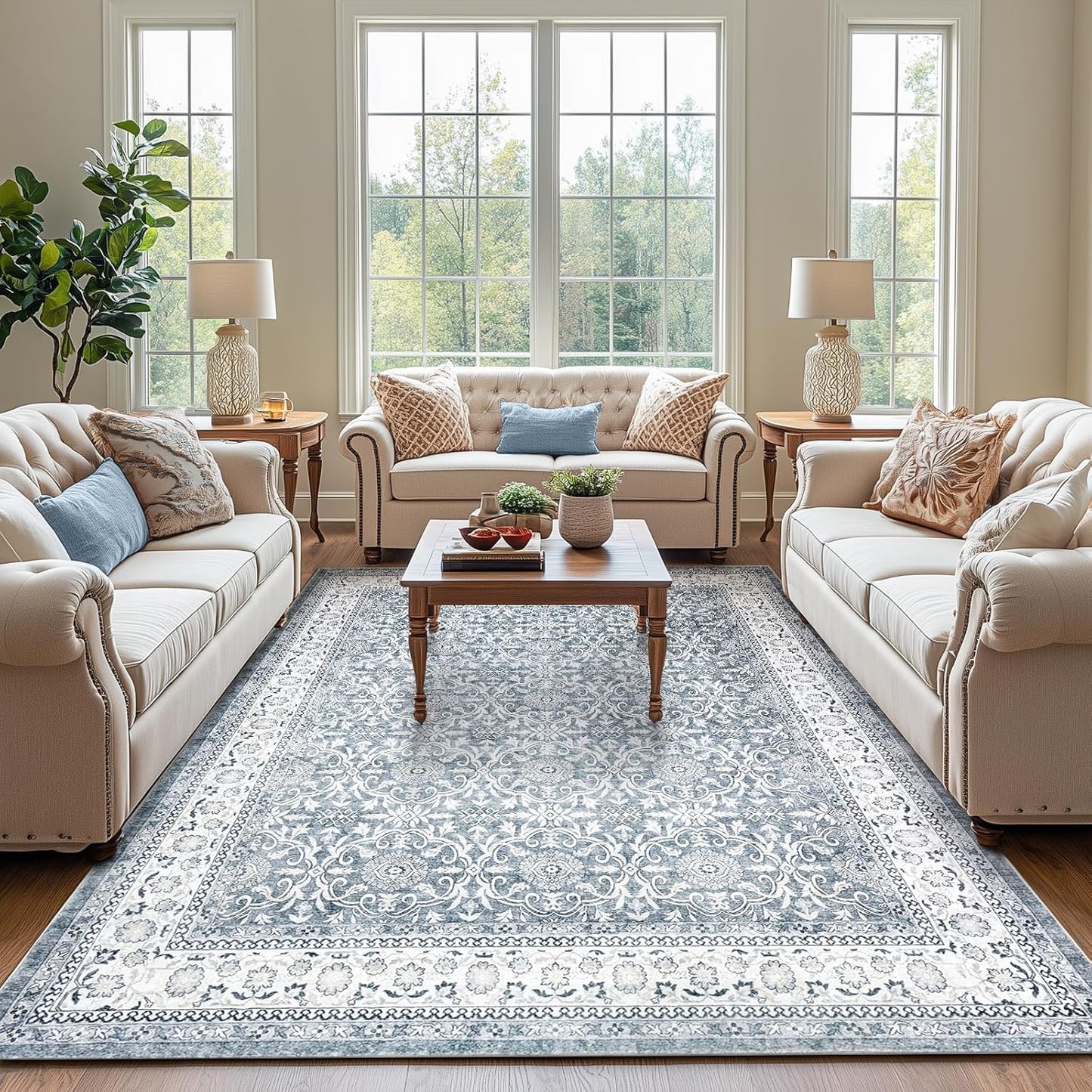 jinchan Floral 6x9 Area Rugs for Living Room - Machine Washable Vintage Distressed Boho Design Throw Rug Stain Resistant Carpet Low-Pile Thin Non-Slip for Bedroom Dining Room Nursery (6‘x9',Grey)