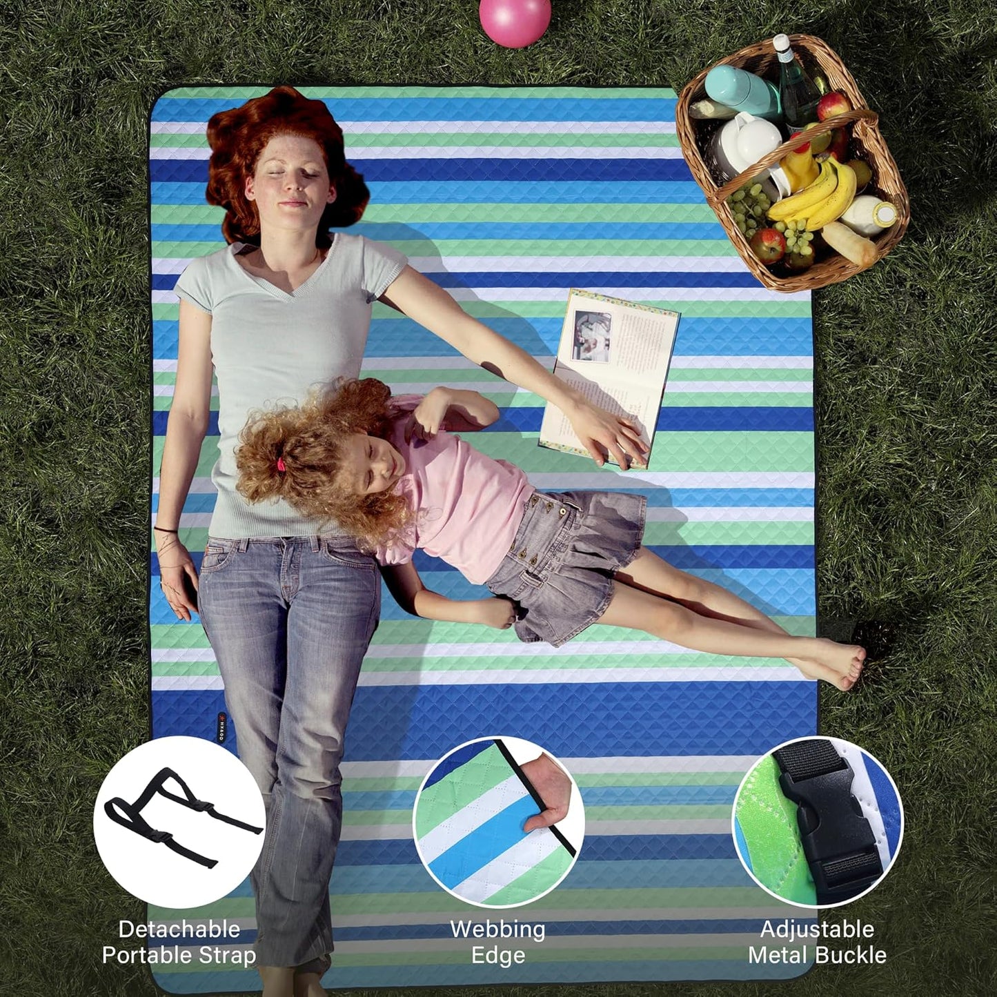 HX&OD Large Picnic Blanket Outdoor 80”x60” Waterproof Picnic Mat Foldable 3-Layer Camping Blanket Portable with Carry Strap Park Blanket for Grass(Blue)