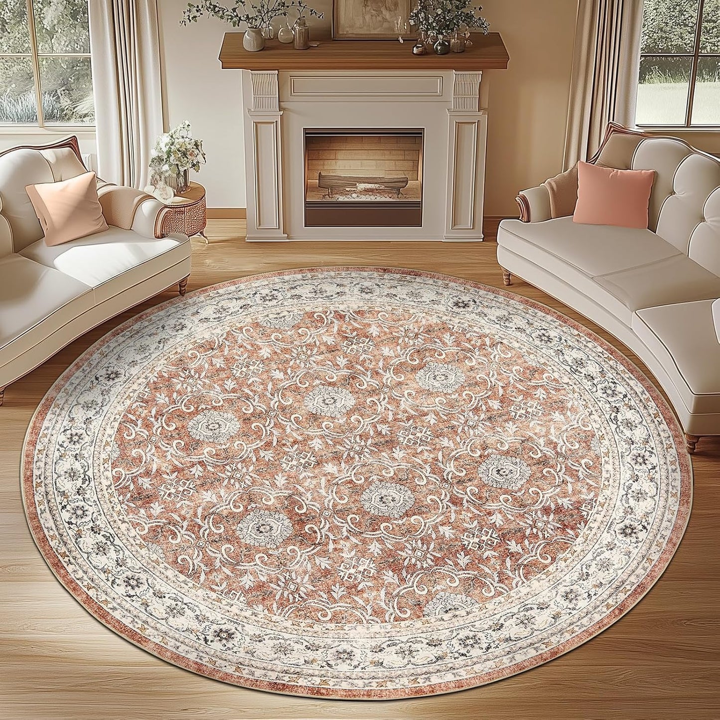 jinchan Round Rug 8ft Washable Circle Soft Rug - Low Pile Vintage 8'Round Indoor Orange Floral Print Stain Resistant Boho Carpet Ultra-Thin Non-Slip for Living Room Bedroom Dining Room Kitchen