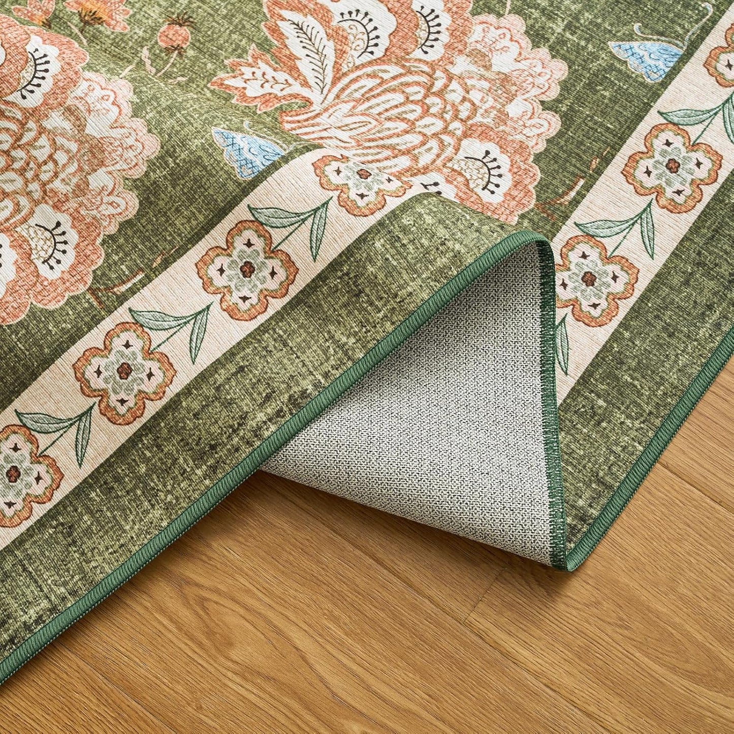 jinchan 2x5 Floral Runner Rug for Hallway Washable Kitchen Runner Vintage Romance Design Non Slip Thin Indoor Floor Cover Low-Profile Throw Carpet for Entryway Bathroom Bedroom Porch, Green