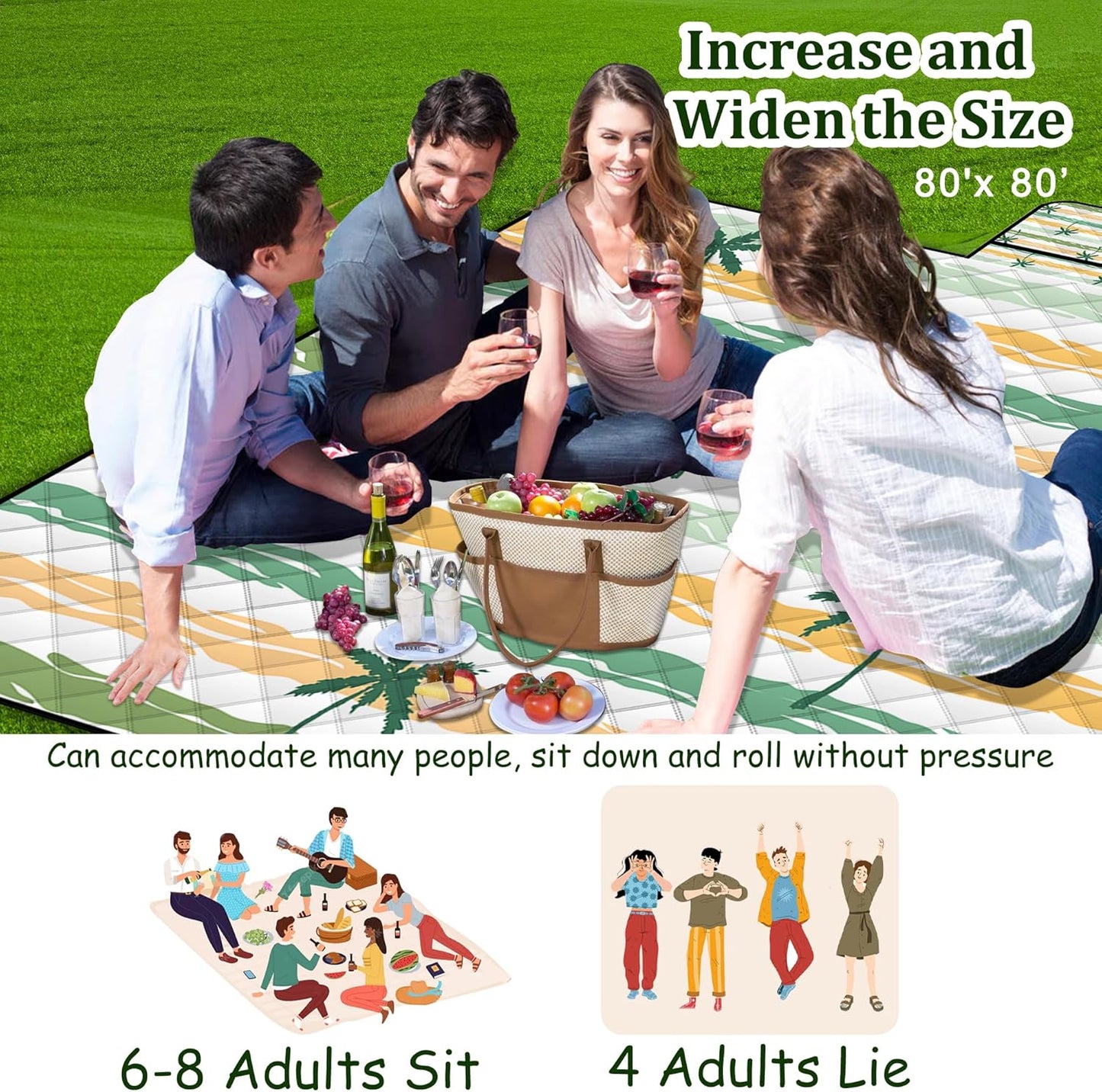 Extra Large Picnic Blanket Waterproof,80"x 80"Foldable Machine Washable Beach Blanket,Outdoor Blanket for 6-8 Adults,Suitable for Indoor Crawling,Park Beach,Camping,Hiking,Family Travel(Yellow)