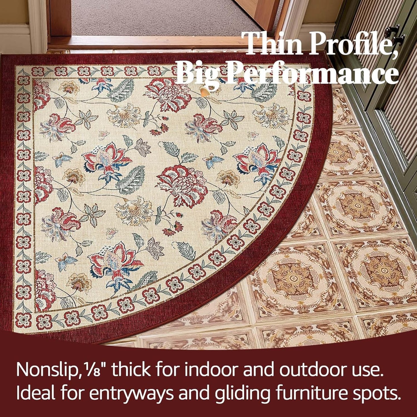 jinchan Floral Corner Rug for Entryway Washable Kitchen Rug Vintage Romance Design Non Slip Quarter Circle Lightweight Low-Pile Throw Carpet for Playroom Reading Nook Nursery, 4ft Radius, Red/Beige