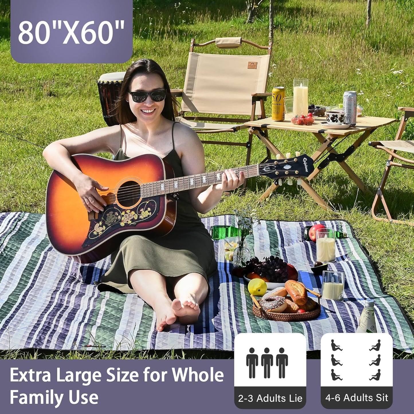 HX&OD Outdoor Picnic Blanket Extra Large, 80''*60'' Waterproof Picnic Mat with Stakes Foldable Camping Blanket Portable with Carry Strap for Beach Mat (Green& White, 80''*60'')