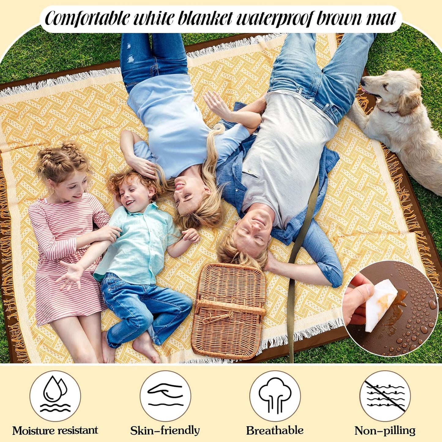 Waterproof Picnic Blankets Outdoor Blanket Foldable 2 in 1 Double Layer Sandproof Beach Mat with Carry Strap for Camping Lawn Park Beach Grass (Yellow White)