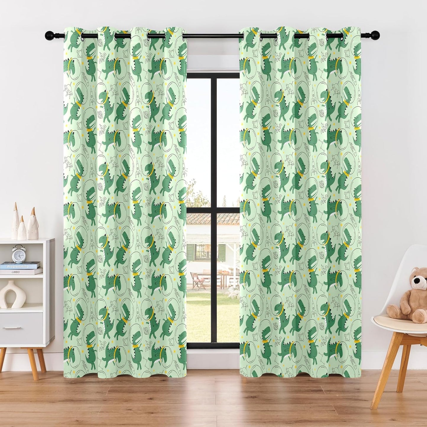 Kids Space Dino Blackout Curtains - 100% Blackout, Thermal Insulated, Noise Reducing, Perfect for Kids Room and Nursery, 2 Panels (Cosmo Dino Green, W52×L84)