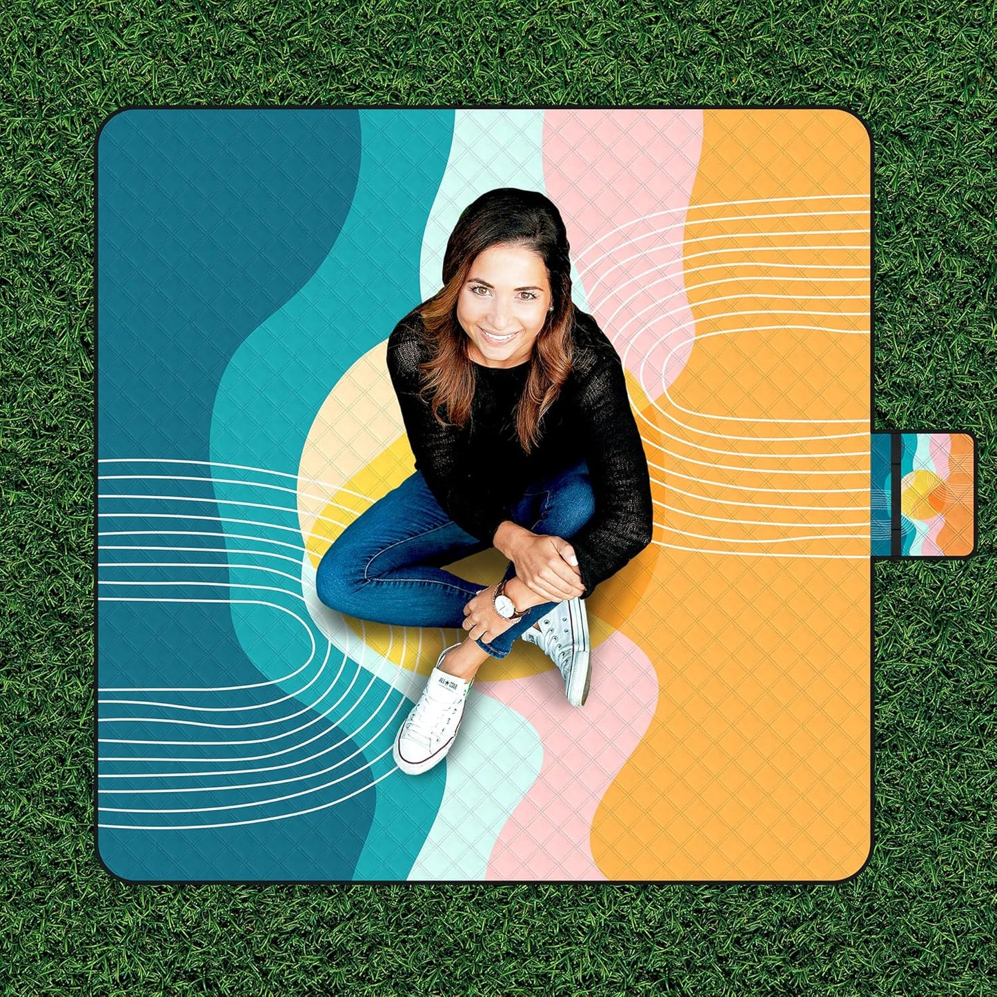 Picnic Blankets Waterproof Foldable, Extra Large 79"x79" Beach Blanket Waterproof Sandproof, 3-Layer Polyester Foldable Portable Outdoor Mat for Park, Camping, Travel, Grass Lawn- Afterglow Rainbow