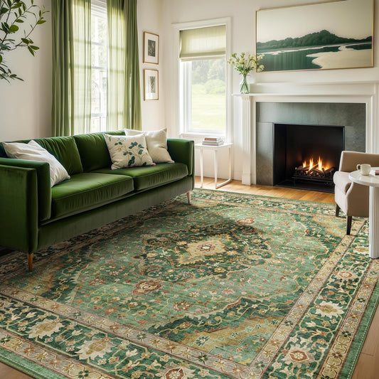 10x12 Green Rugs for Living Room Bedroom, Washable Area Rugs Non Slip Large Rug for Dining Room Office, Floor Decoration Vintage Boho Big Rug Carpet Low-Pile Kid & Pet Friendly