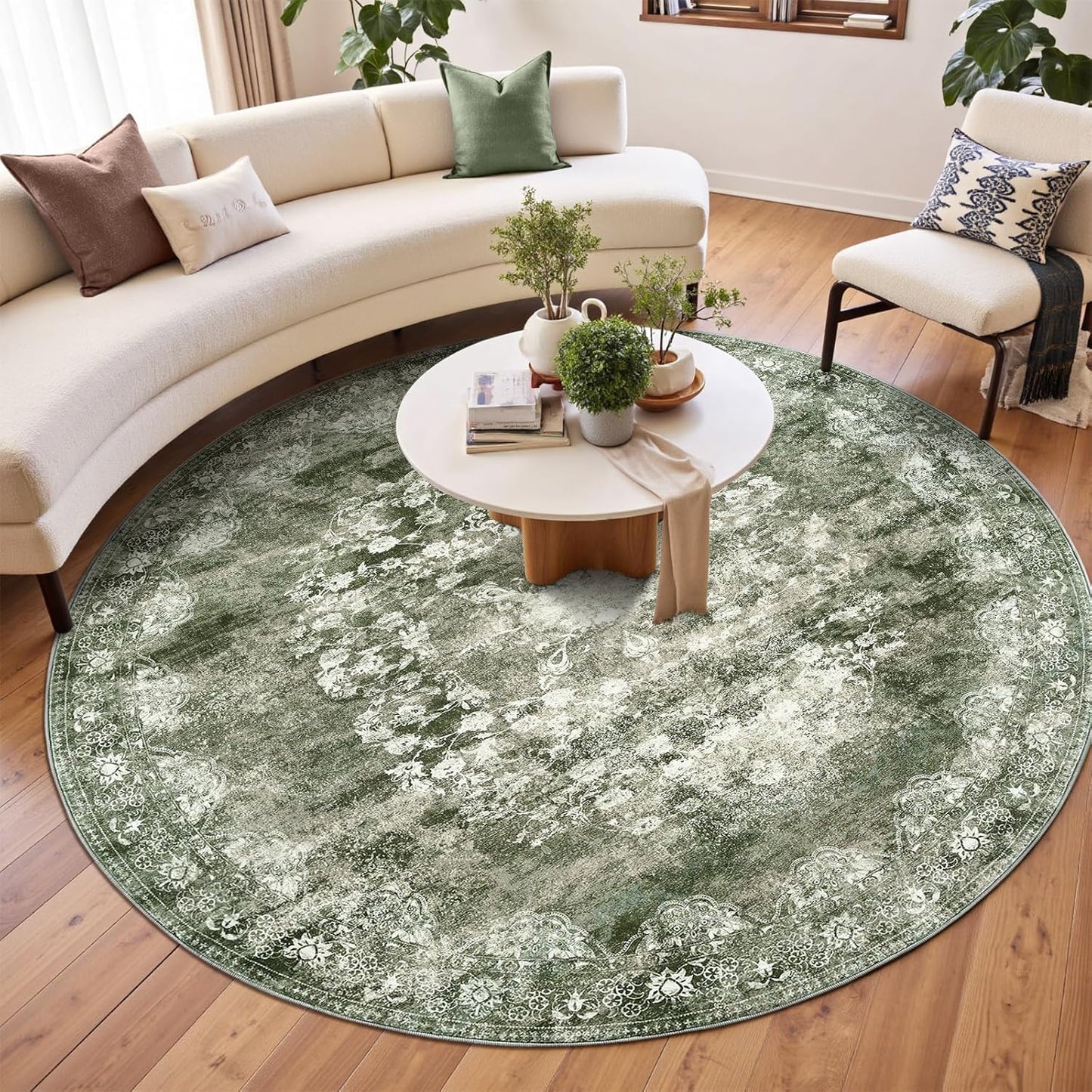 jinchan Round Rug 8ft Area Rug - Green Vintage Floor Mat Kitchen Indoor - Washable Circle 8' Thin Floral Print Carpet Retro Farmhouse Non Slip Dining Room Living Room Bedroom Office