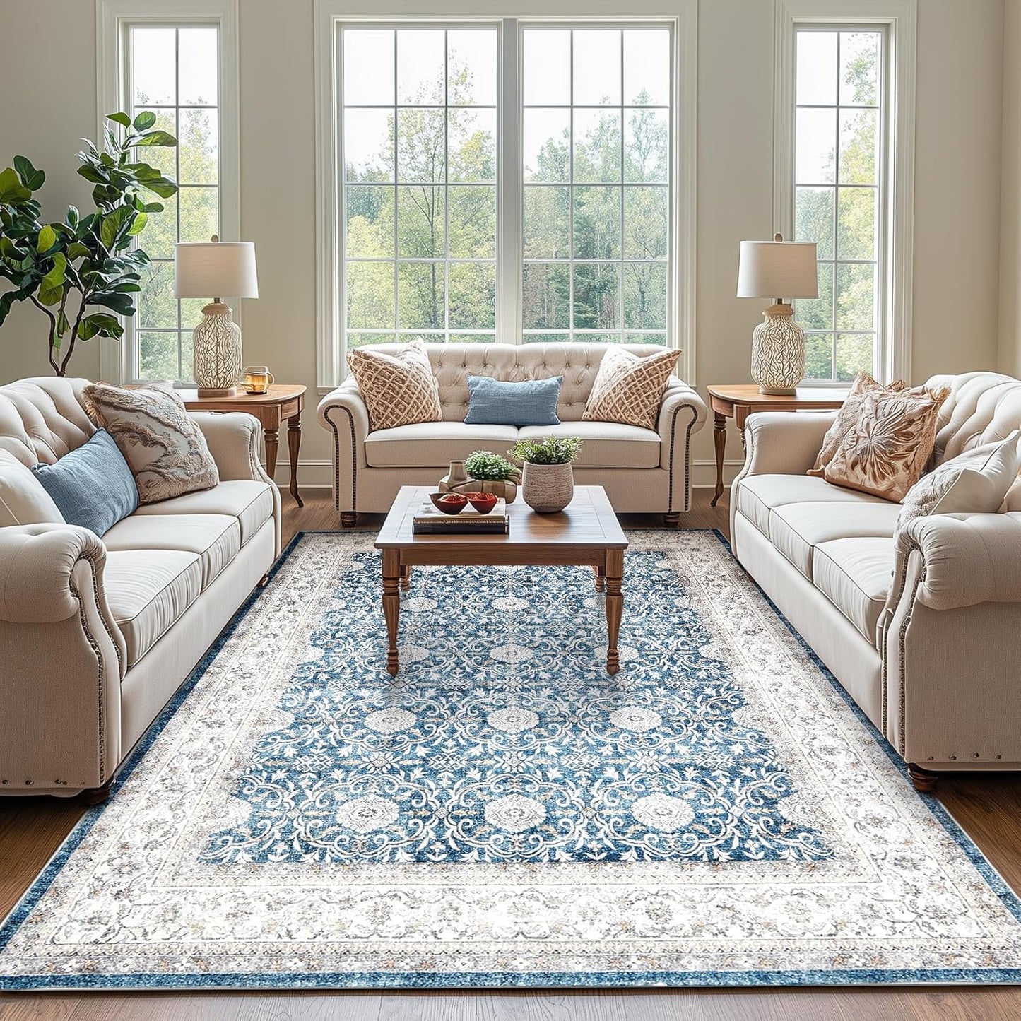 jinchan Floral 8x10 Area Rugs for Living Room Machine Washable Vintage Distressed Boho Design Throw Rug Stain Resistant Carpet Low-Pile Thin Non-Slip for Bedroom Dining Room Nursery (8‘x10',Dark Blue)