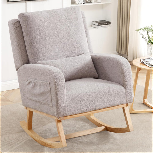 Rocking Chair Nursery, Sherpa Nursing Rocking Chairs, Upholstered Nursery Glider Rocker for Mom Nursery Morden Accent Rocking Chair Pillow for Living Room,Bedroom,Teddy Light Grey