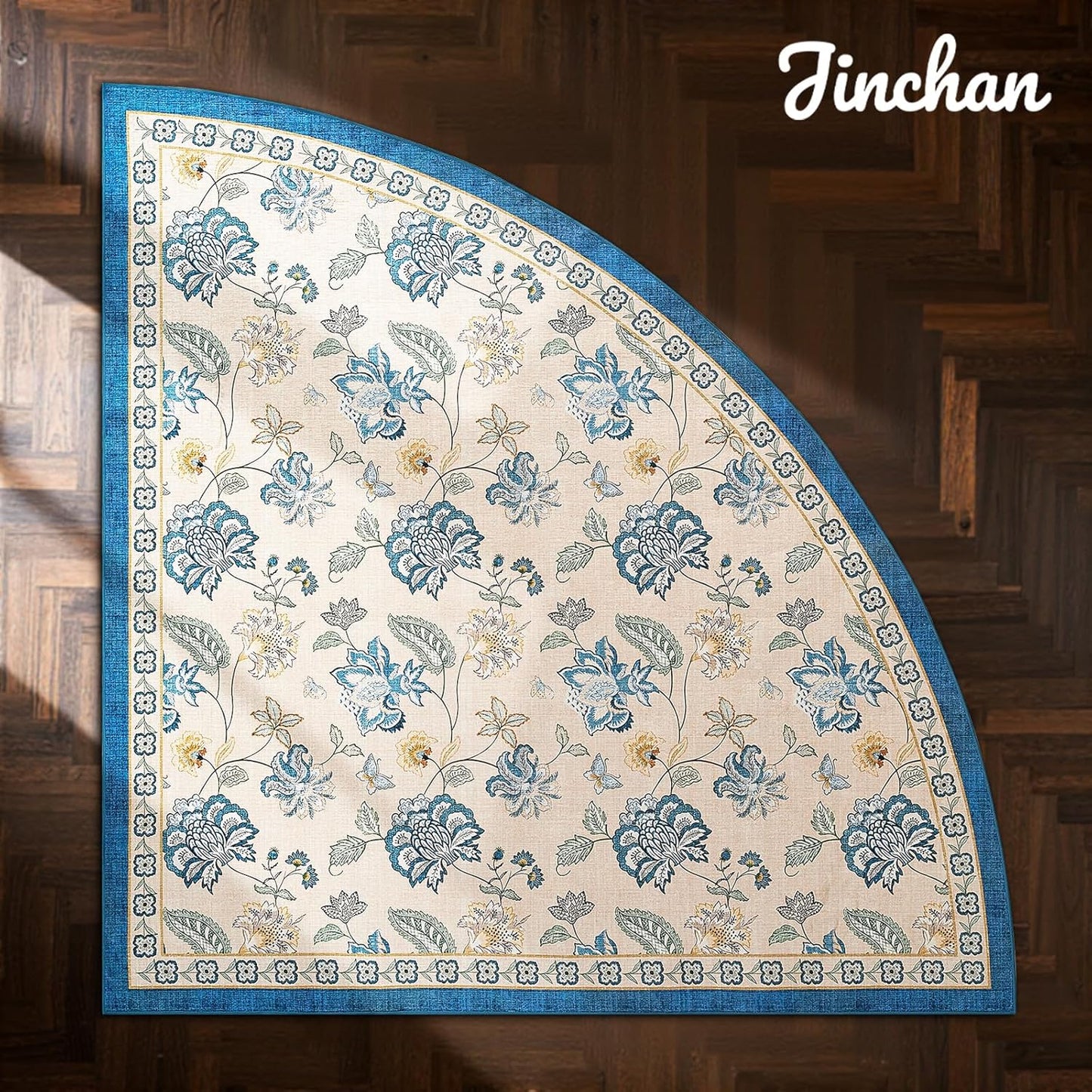 jinchan Floral Corner Rug for Living Room Washable Bedroom Rug Vintage Romance Design Non Slip Quarter Circle Lightweight Low-Pile Throw Carpet for Reading Nook Playroom,6ft Radius, Blue/Beige