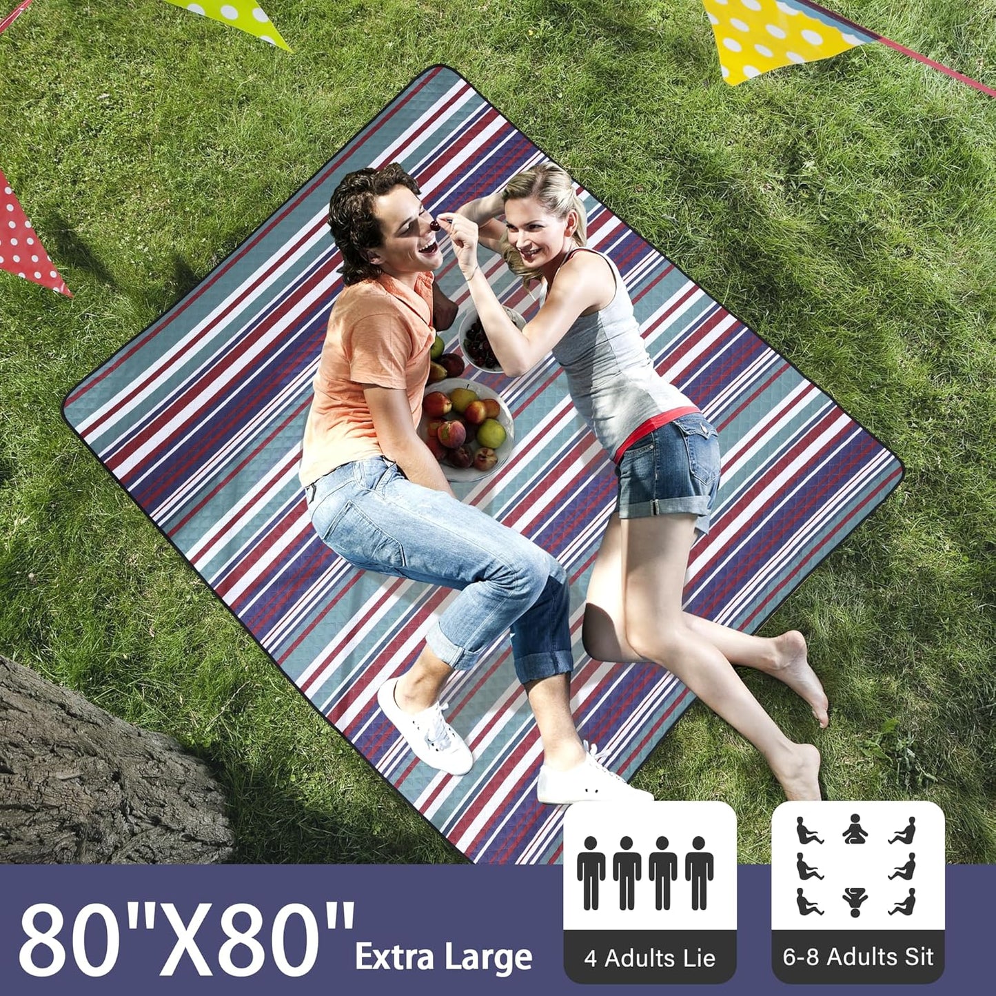 HX&OD Extra Large Picnic Blanket Outdoor 80”x80” Waterproof Picnic Mat Foldable 3-Layer Camping Blanket Portable with Carry Strap Park Blanket for Grass(Red)