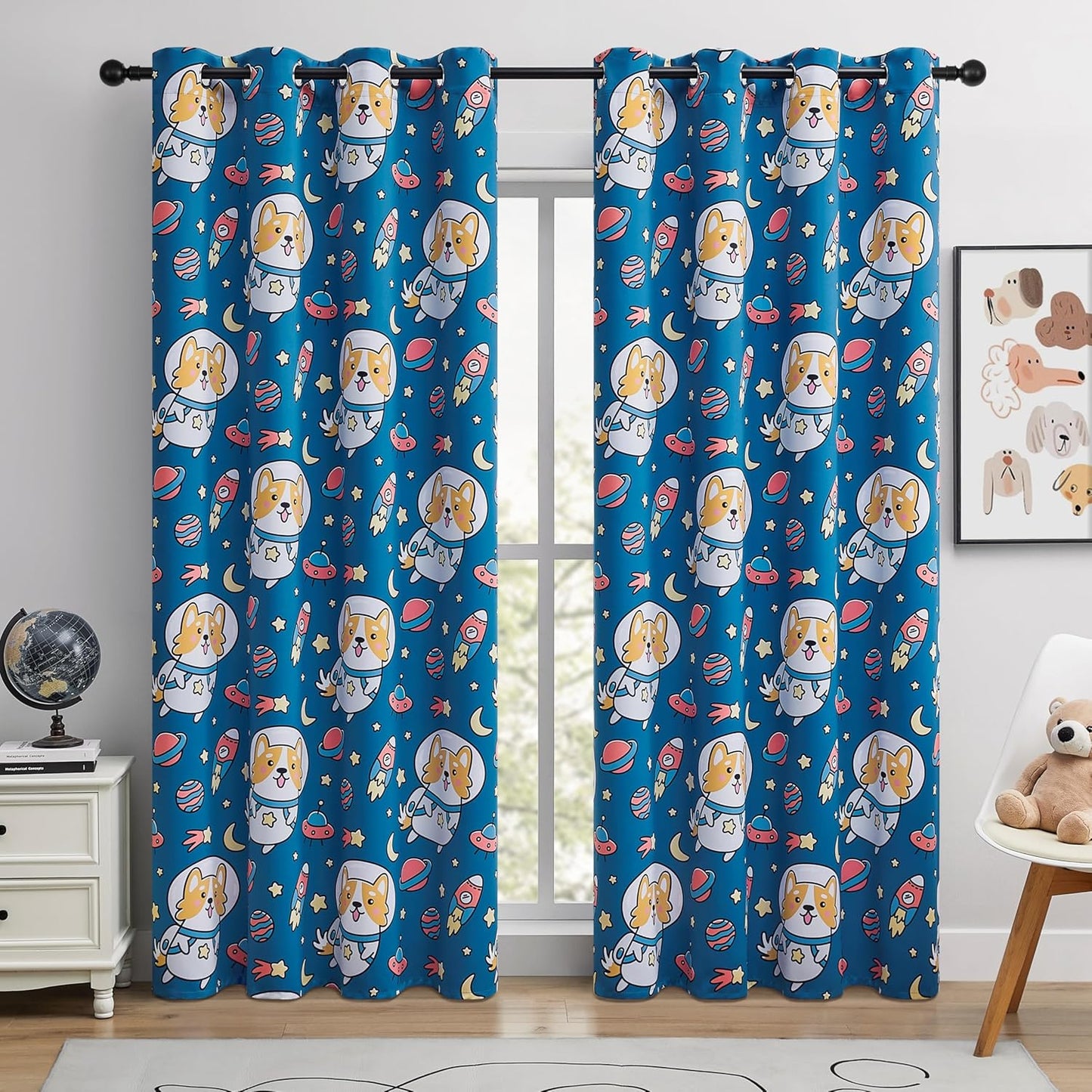 Kids Blackout Curtains - Space Dog Design, 100% Blackout, 2 Panels, Each W52×L84, Thermal Insulated, Noise Reducing & Energy Efficient for Kids Bedroom, Turn your child’s room into a fun adventure