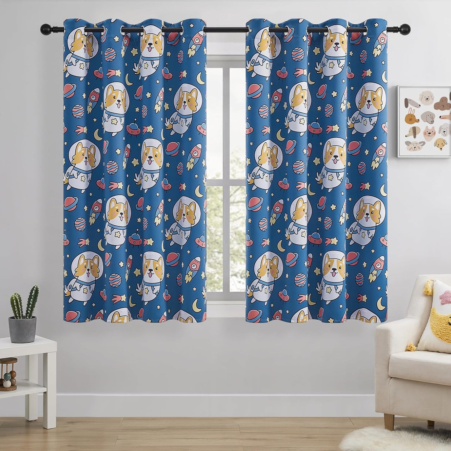 Kids Blackout Curtains - Space Dog Design, 100% Blackout, 2 Panels, Each W52×63, Thermal Insulated, Noise Reducing & Energy Efficient for Kids Bedroom, Turn your child’s room into a fun adventure