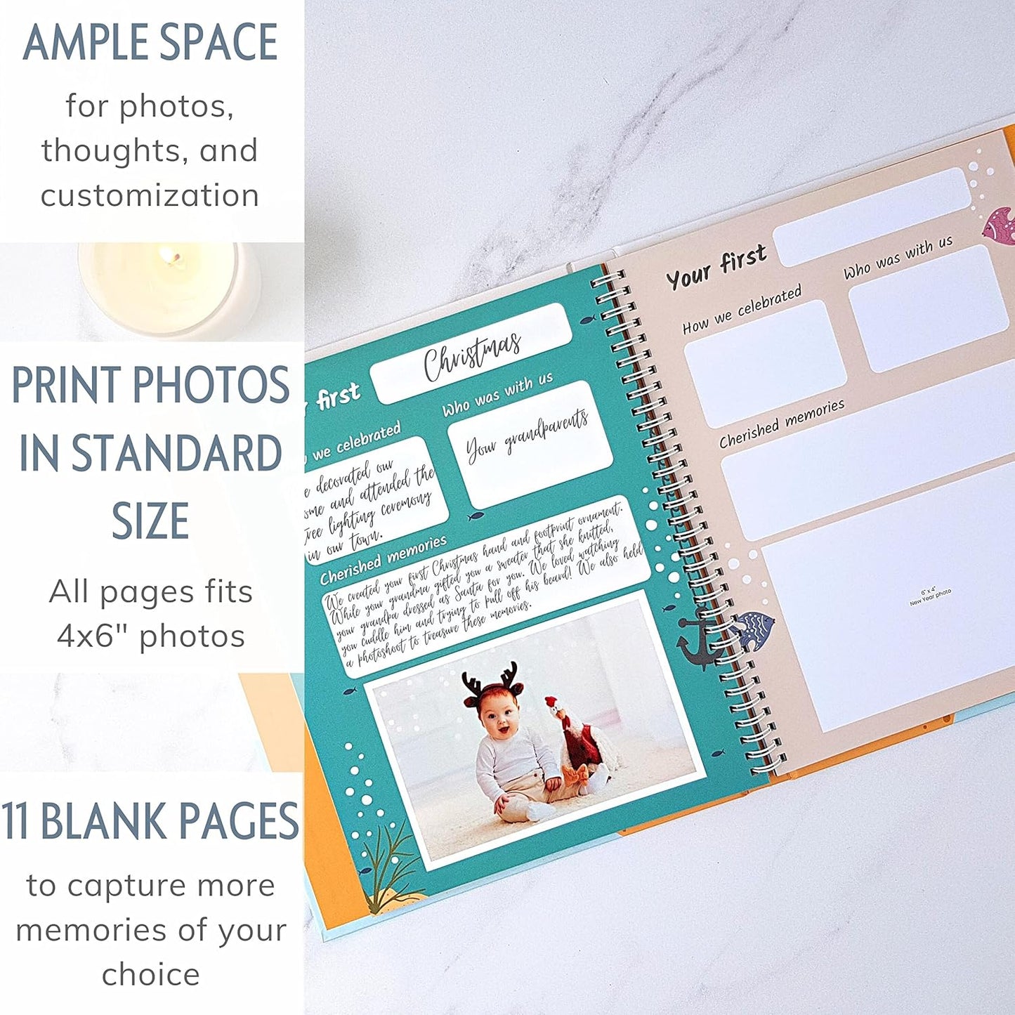 Baby Memory Book for Girl or Boy - First Year Unisex Ocean Keepsake to Log Newborn 1st Milestone - Gender Neutral Sea Photo Album Dairy - Nautical Themed Stuff Journal - Elegant New Parents Baby Gifts