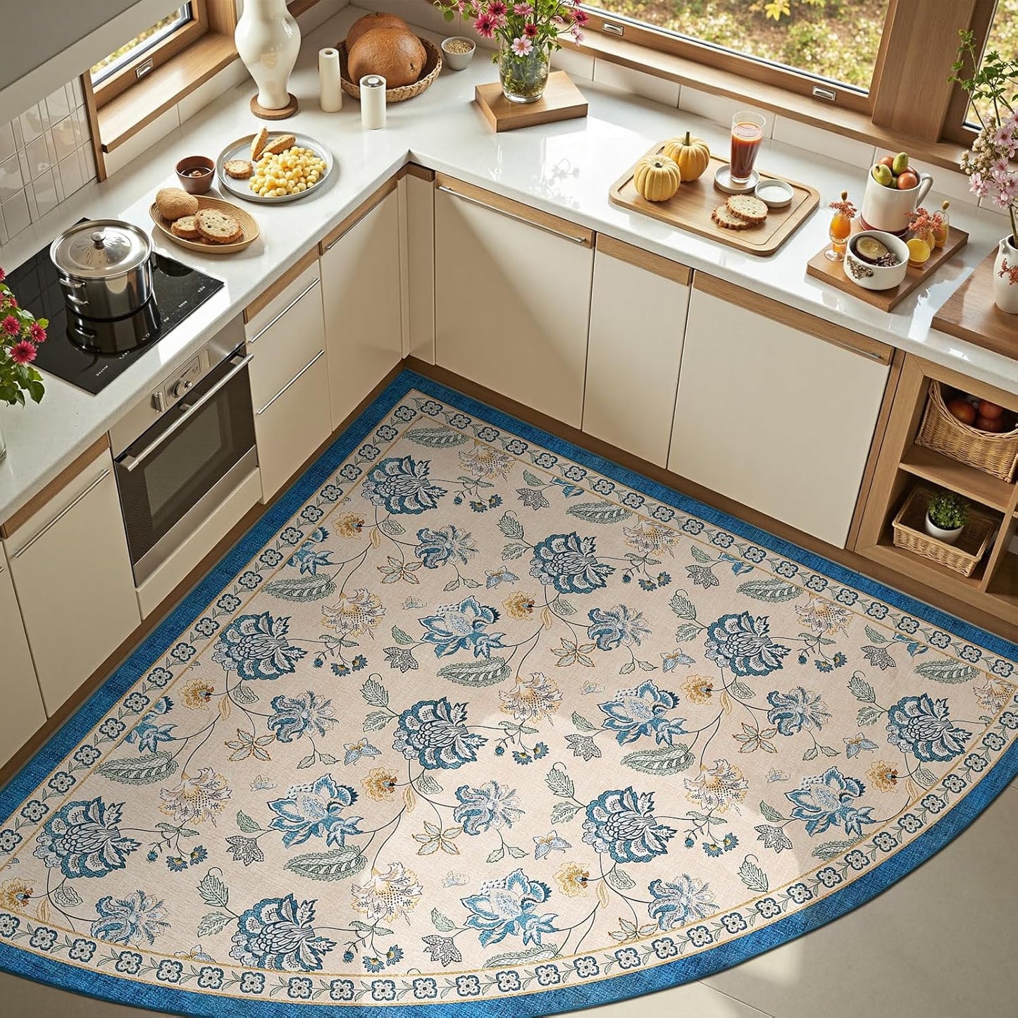 jinchan Floral Corner Rug for Kitchen Washable Nursery Rug Vintage Romance Design Non Slip Quarter Circle Lightweight Low-Pile Throw Carpet for Playroom Reading Nook Office, 5ft Radius, Blue/Beige