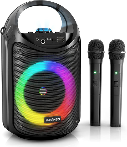 MASINGO Karaoke Machine for Kids and Adults with 2 Wireless Bluetooth Microphones, PA Portable Speaker with Colorful LED Lights, Supports TF Card/USB, AUX/MIC in, TWS for Home Party, Burletta C10 V2
